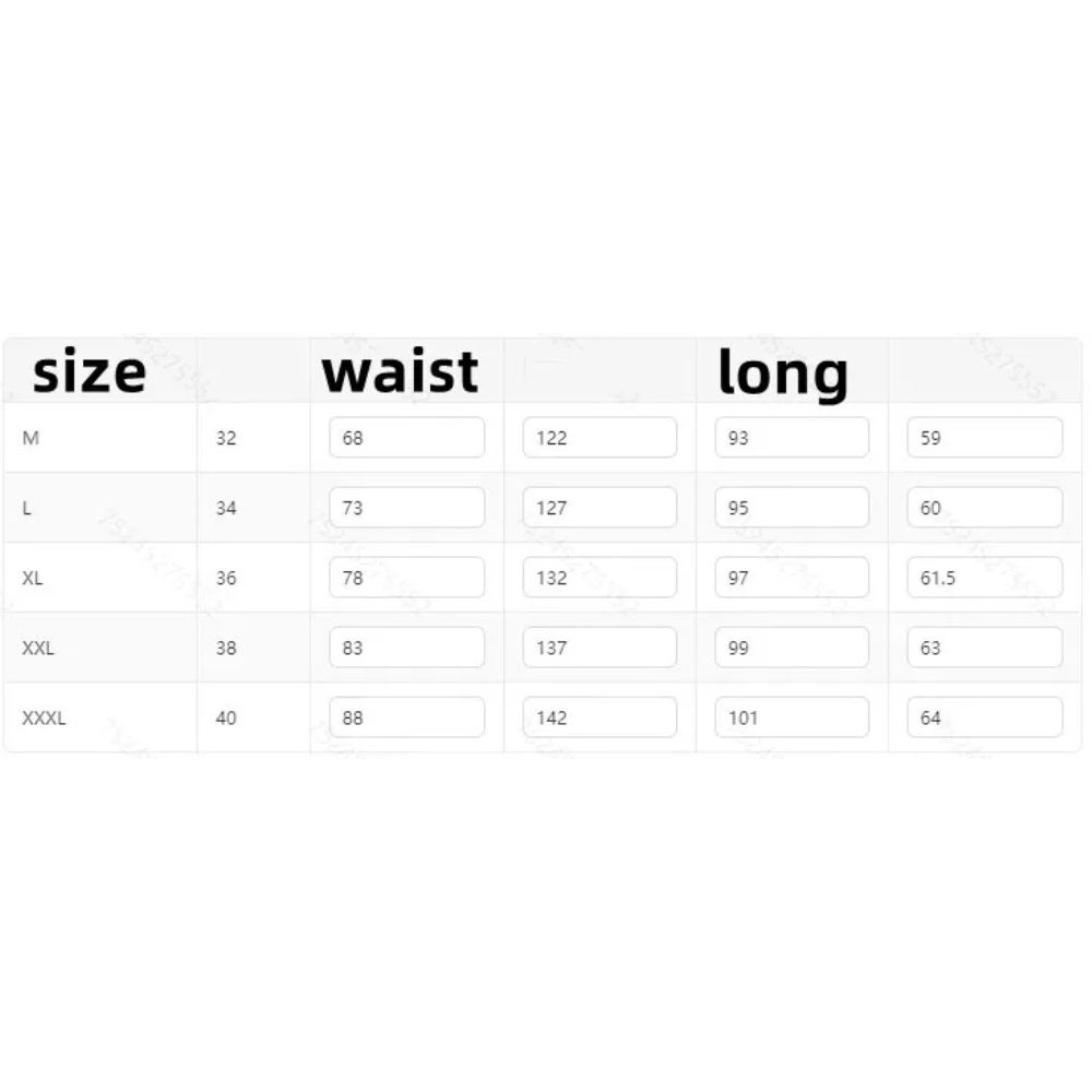 Size chart for Renporium's medieval trousers