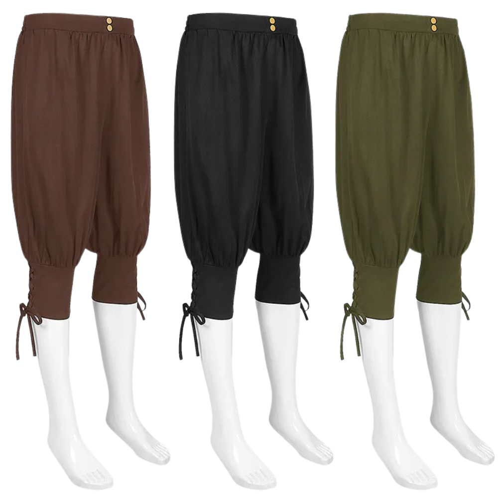 Brown, black, and olive green Rogue's Knot Medieval Breeches; ideal general Renaissance festival pants.