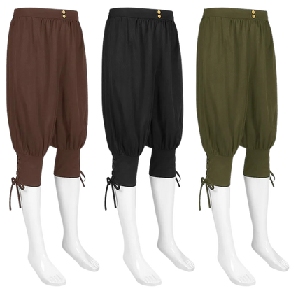 Brown, black, and olive green Rogue's Knot Medieval Breeches; ideal general Renaissance festival pants.