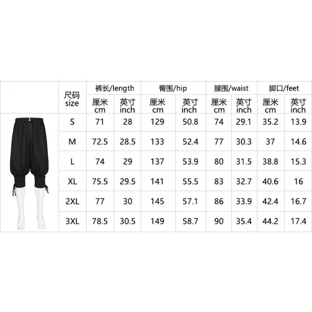 Rogue's Knot Medieval Breeches size chart. Size small: Length: 28 inches, Waist: 29.1 inches. Size medium: Length: 28.5 inches, Waist: 30.3 inches. Size large: Length: 29 inches, Waist: 31.5 inches. Size XL: Length: 29.5 inches, Waist: 32.7 inches. Size 2XL: Length: 30 inches, Waist: 33.9 inches. Size 3XL: Length: 30.5 inches, Waist: 35.4 inches.