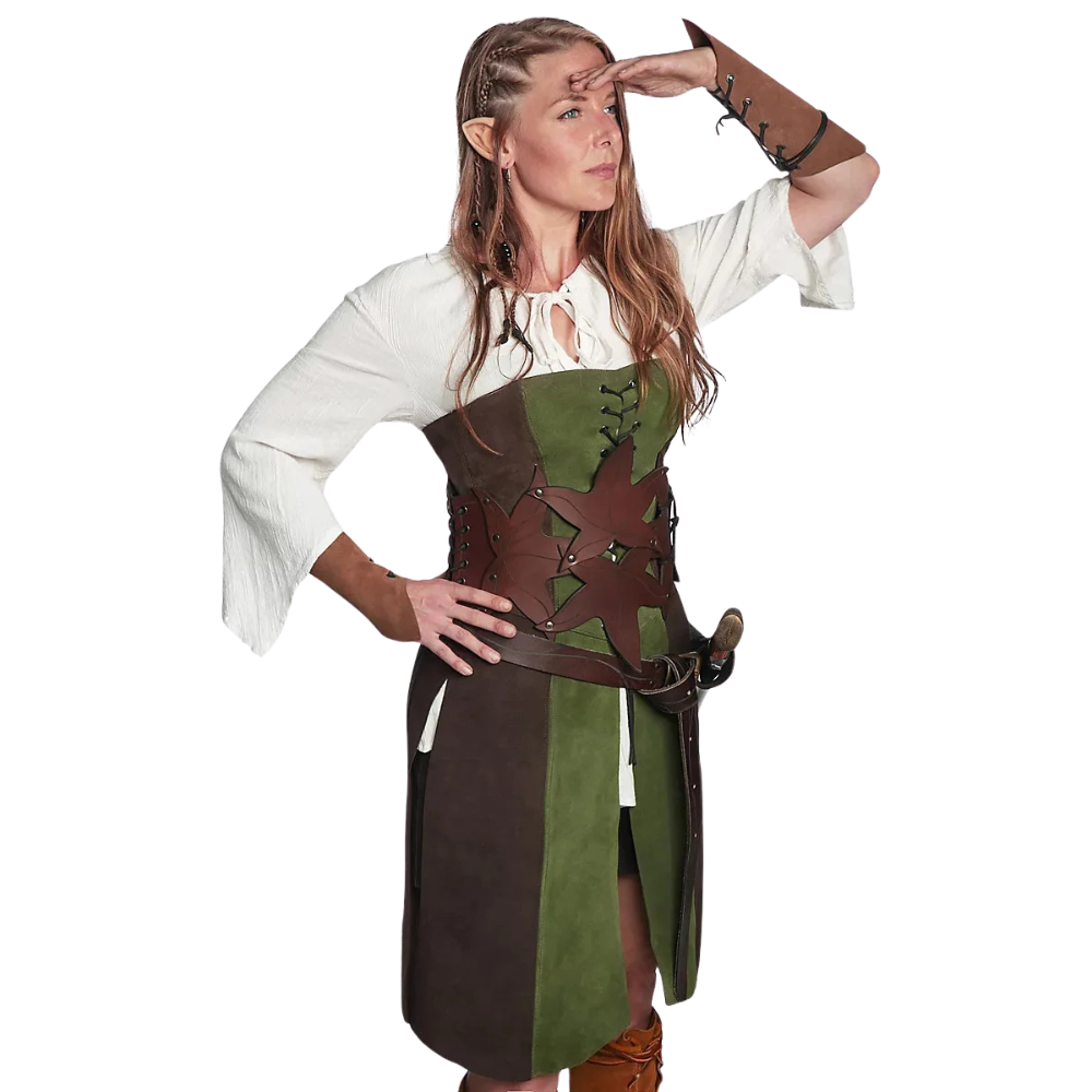 Forest elf wearing oak tan woodland elf suede bracers. This fairy accessory is ideal for Renaissance faires and festivals.