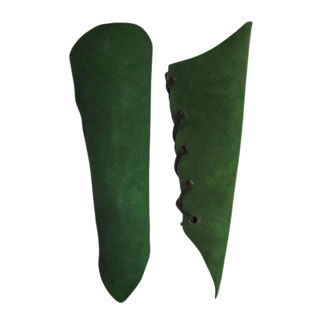 Forest Green Woodland Elf Suede Bracers, ideal for cosplay as a woodland fae, elf, fairy, or gnome as Renaissance festivals.