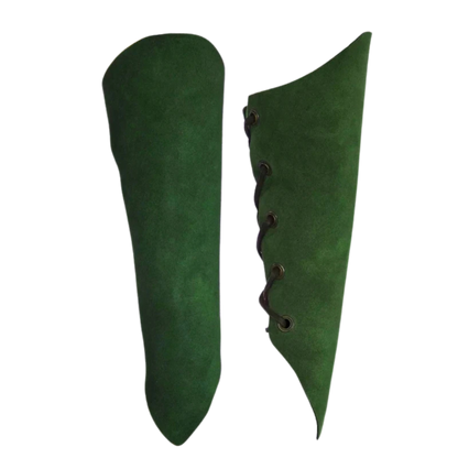 Forest Green Woodland Elf Suede Bracers, ideal for cosplay as a woodland fae, elf, fairy, or gnome as Renaissance festivals.