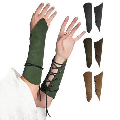 Forest Green, Charcoal Black, Walnut Brown, and Oak Tan Woodland Elf Suede Bracers, good for Renaissance Festival garb and forest nymph cosplay